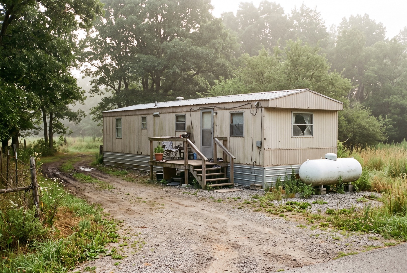 An older single-wide manufactured home with a small deck on a rural lot