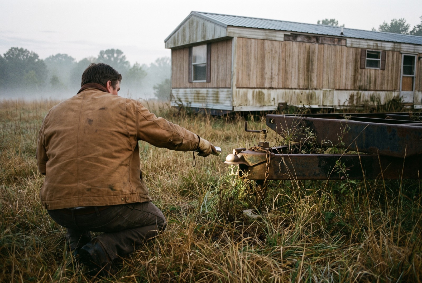 A person pointing a flashlight at a towing hitch still attached to a manufactured home