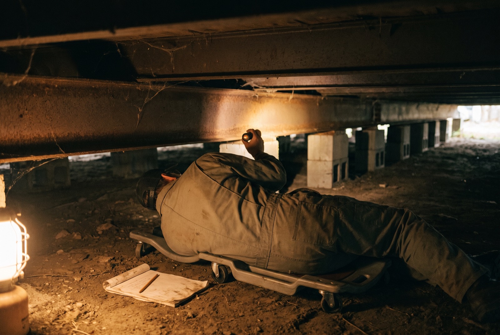 An engineer under a manufactured home shining a flashlight along the steel frame